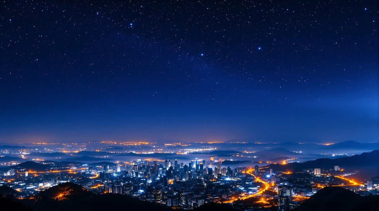 亚洲天堂影院 - 夜间电影策展 午夜蓝与路灯金交织的城市夜景